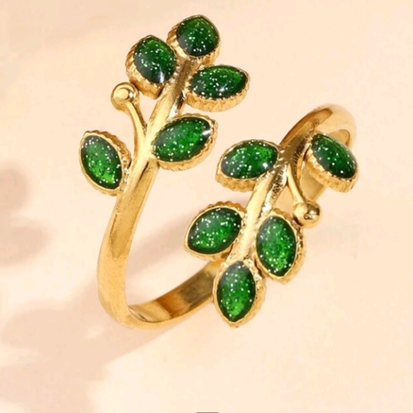 Jewelry - Elegant Gold Tone with Green Leaf Ring Adjustable Stainless Steel